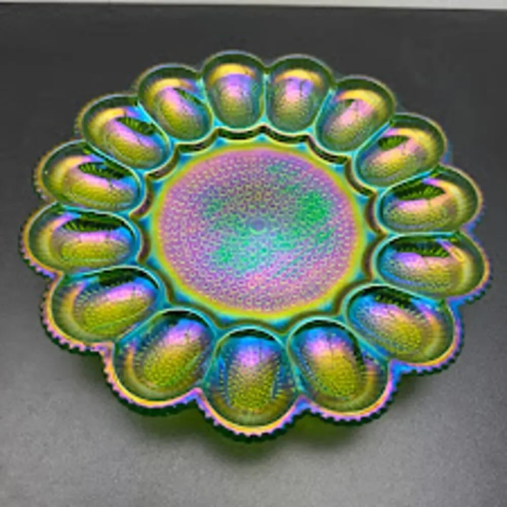 Indiana Glass Green Carnival Hobnail Iridescent Deviled Egg Plate Platter Vtg
